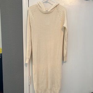 Cream Ribbed Knit Hooded Dress